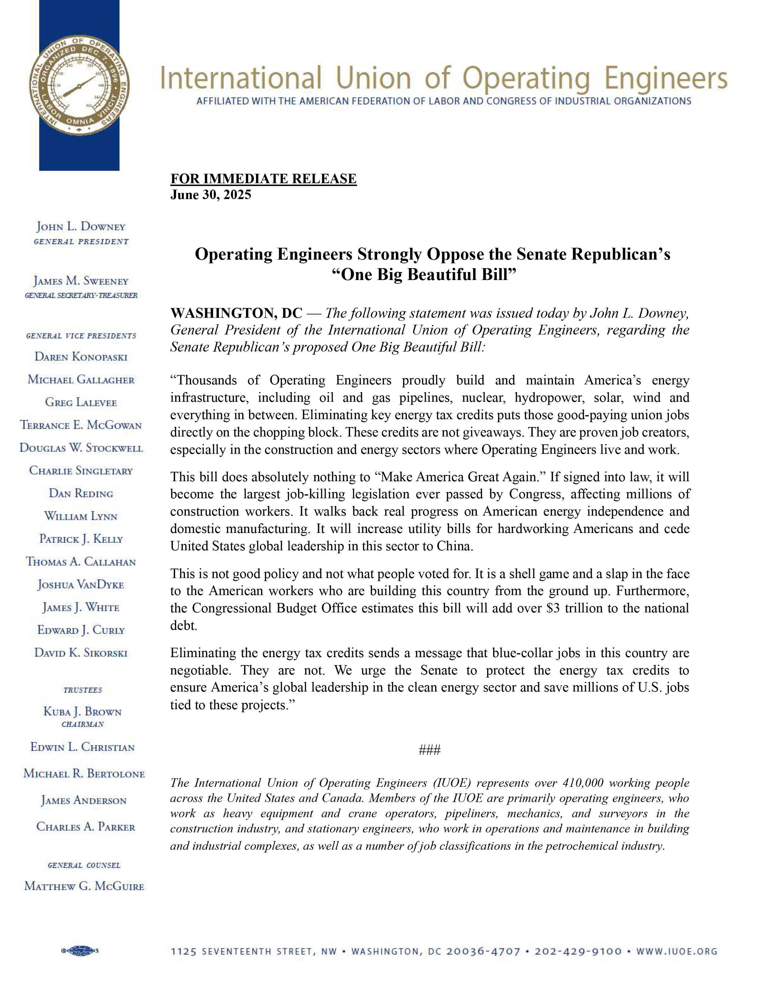 Operating Engineers Strongly Oppose the Senate Republican’s “One Big Beautiful Bill”