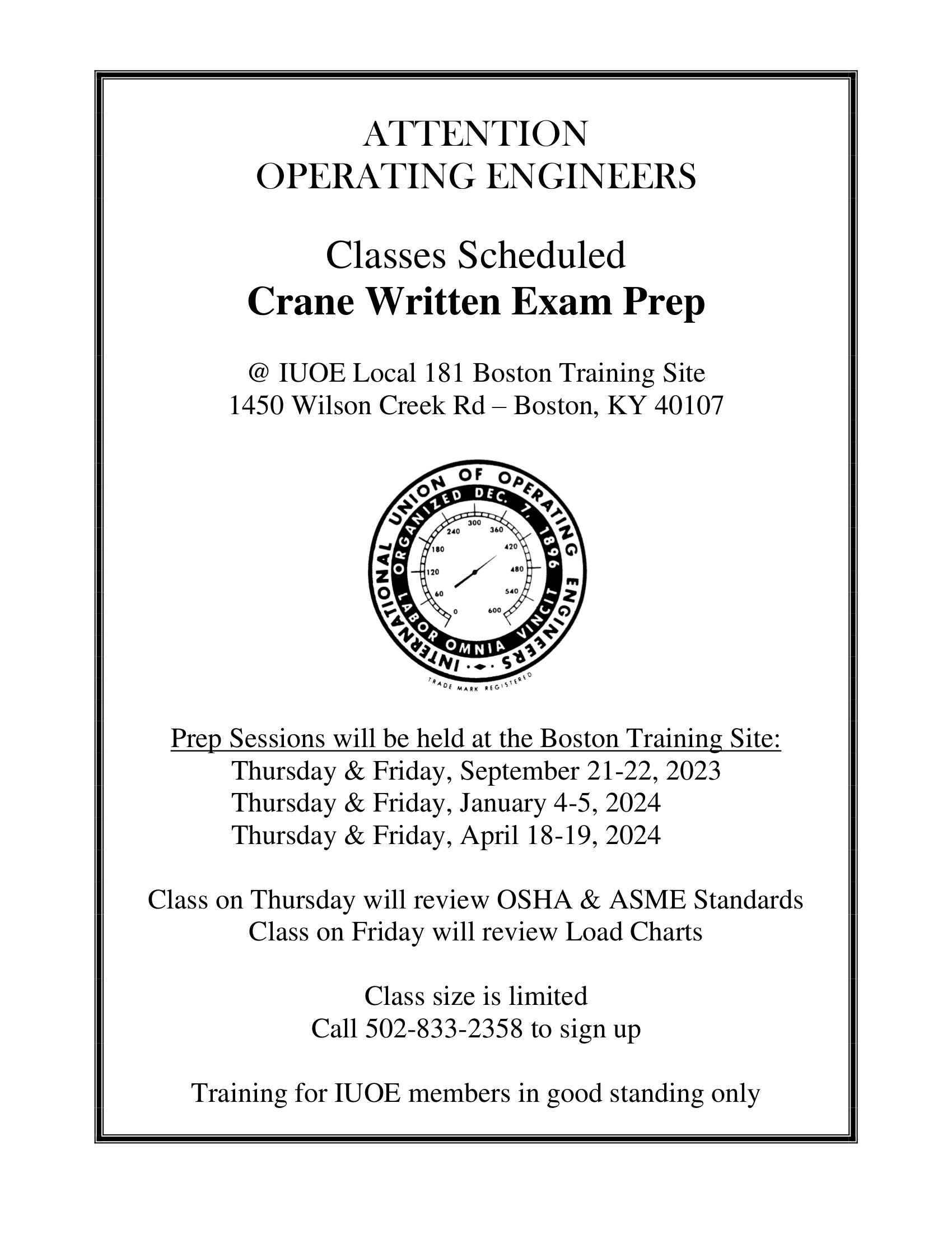 Crane Prep Class Scheduled 1